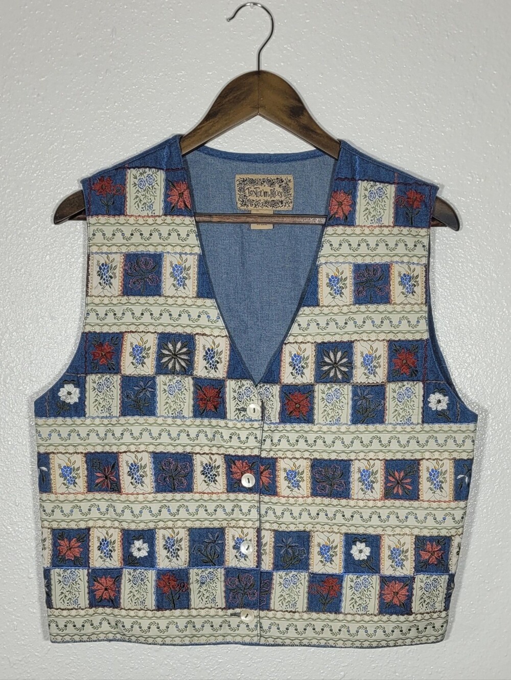 90s Patchwork Women Vest Large Western Boho VTG Demin Cottagecore Granny Country